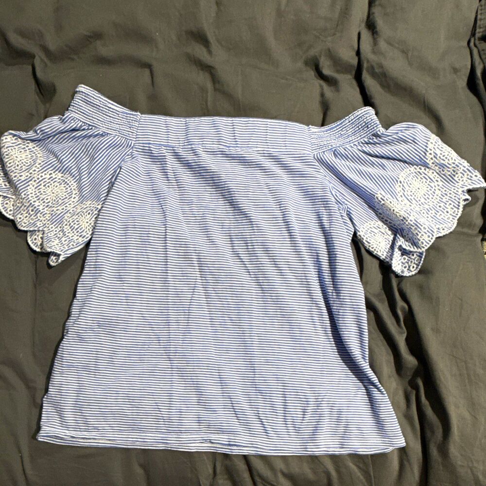 LOFT Women’s M Blue/White Striped Cotton Off Shoulder Eyelet Blouse Top
